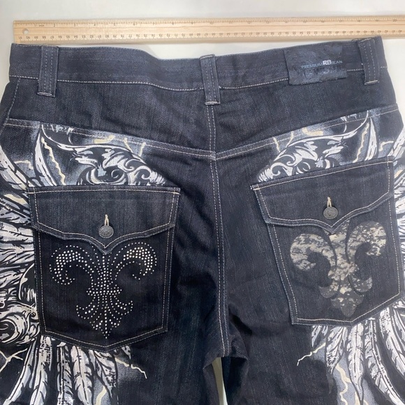 Y2K Baggy JNCO Style Graphic Denim Shorts Lightning Fleur-de-Lis Bling Detail - Picture 9 of 16